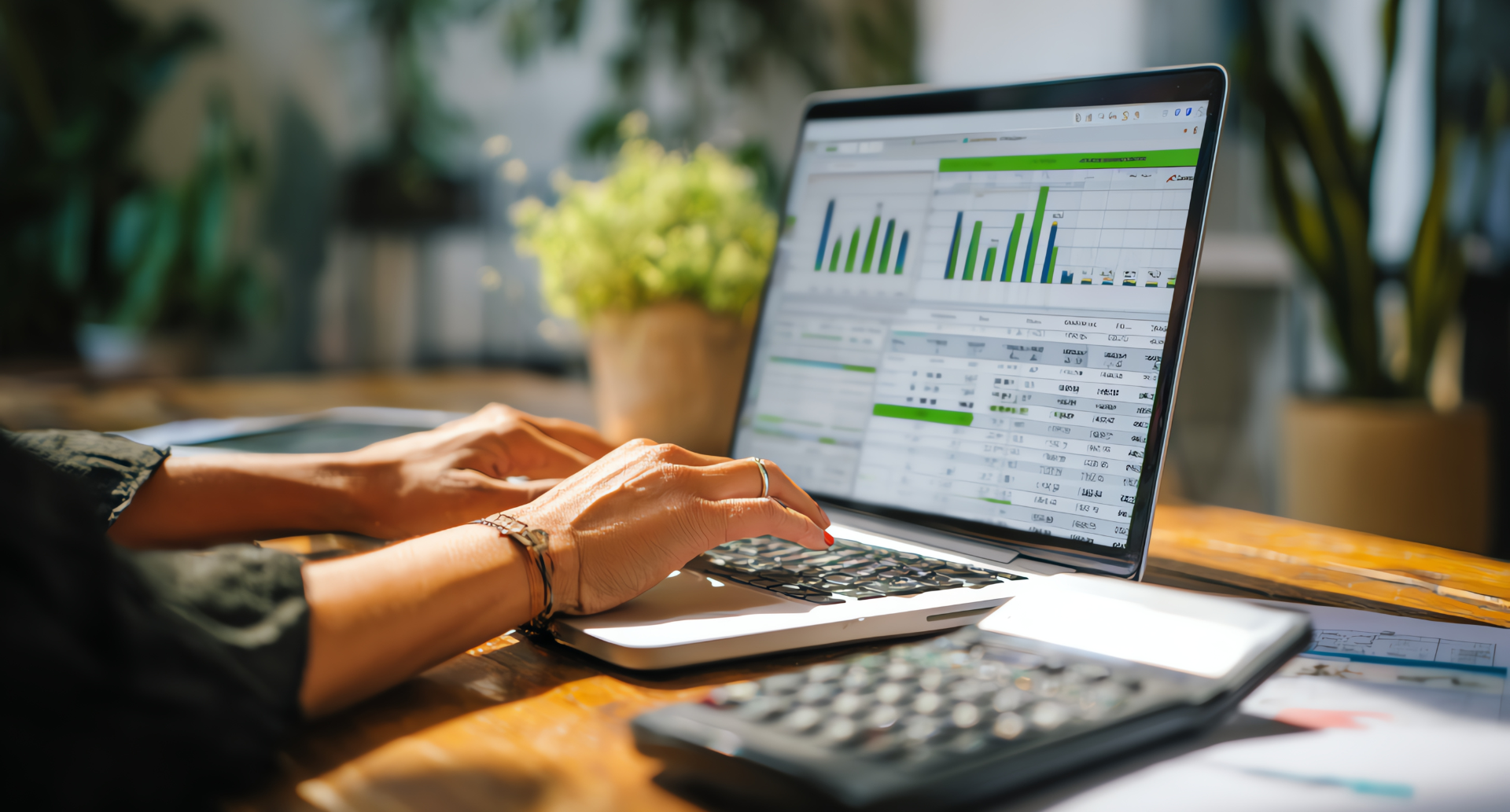 Accounting dashboard on a laptop with charts, spreadsheets, and calculator, illustrating financial management.